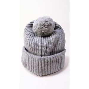 NWT LUXTON Women's Ribbed Cashmere Wool Pom Pom Beanie Hat NIB 220 Ash Grey